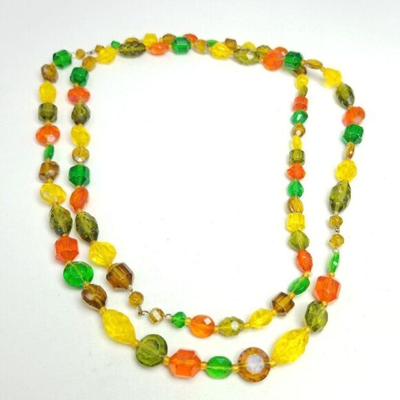 Vintage Long Beaded Single Strand Yellow Green Orange Plastic Necklace, 60s 70s - Picture 6 of 6
